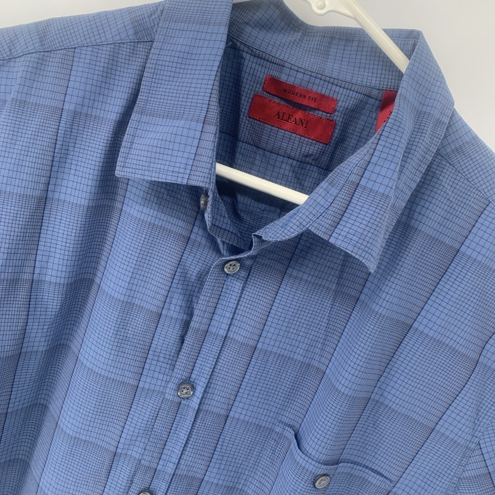 New Alfani Men's Modern Short Sleeve Button Shirt Blue High Tide XL 100% Cotton